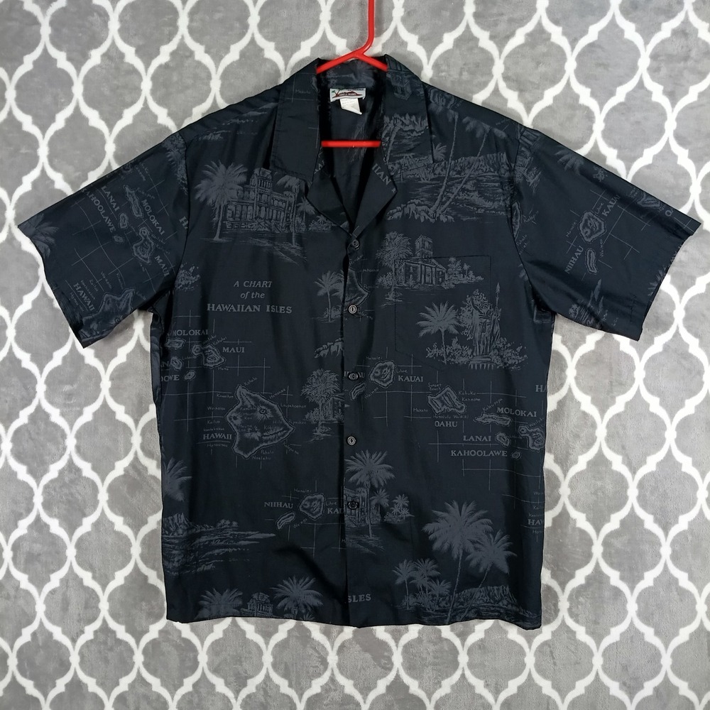 CT Hawaii Fashions Hawaiian Shirt Men Size Large Black Map Print Aloha Tiki Goth